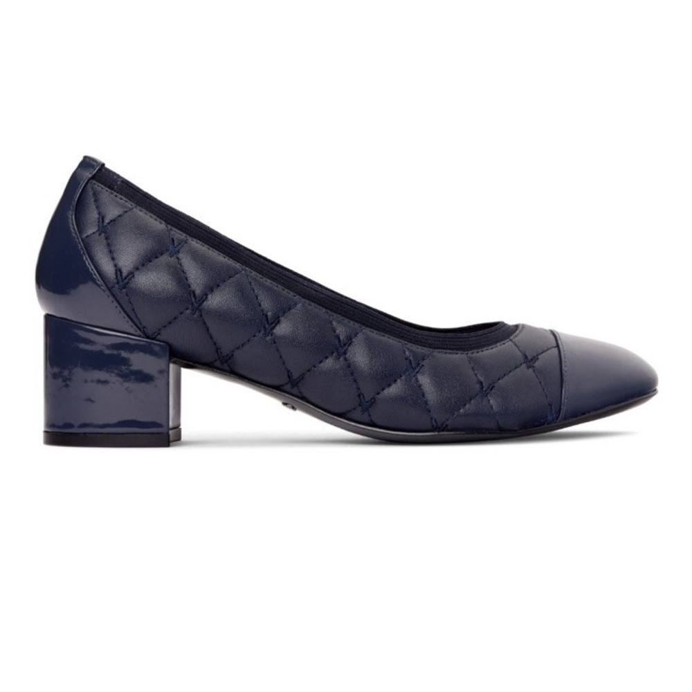 Vionic Ruby Quilted Leather Block Heel Pumps Blue Orthotic Womens 8 Wide New - Picture 3 of 5
